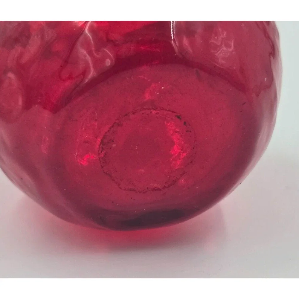 Vintage Rainbow Crackle Glass Ruby Red Hand Blown Ruffle Edge Vase Basket USA
